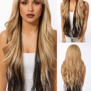 Perruque synthétique ondulée Martine sur mannequin