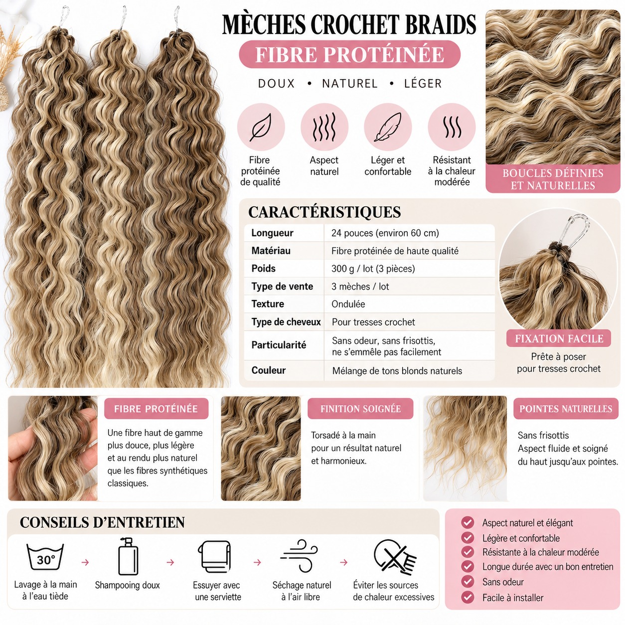 Lot de 3 mèches Crochet Braids Deep Water Twist 24 pouces – fibre protéinée – Image 3
