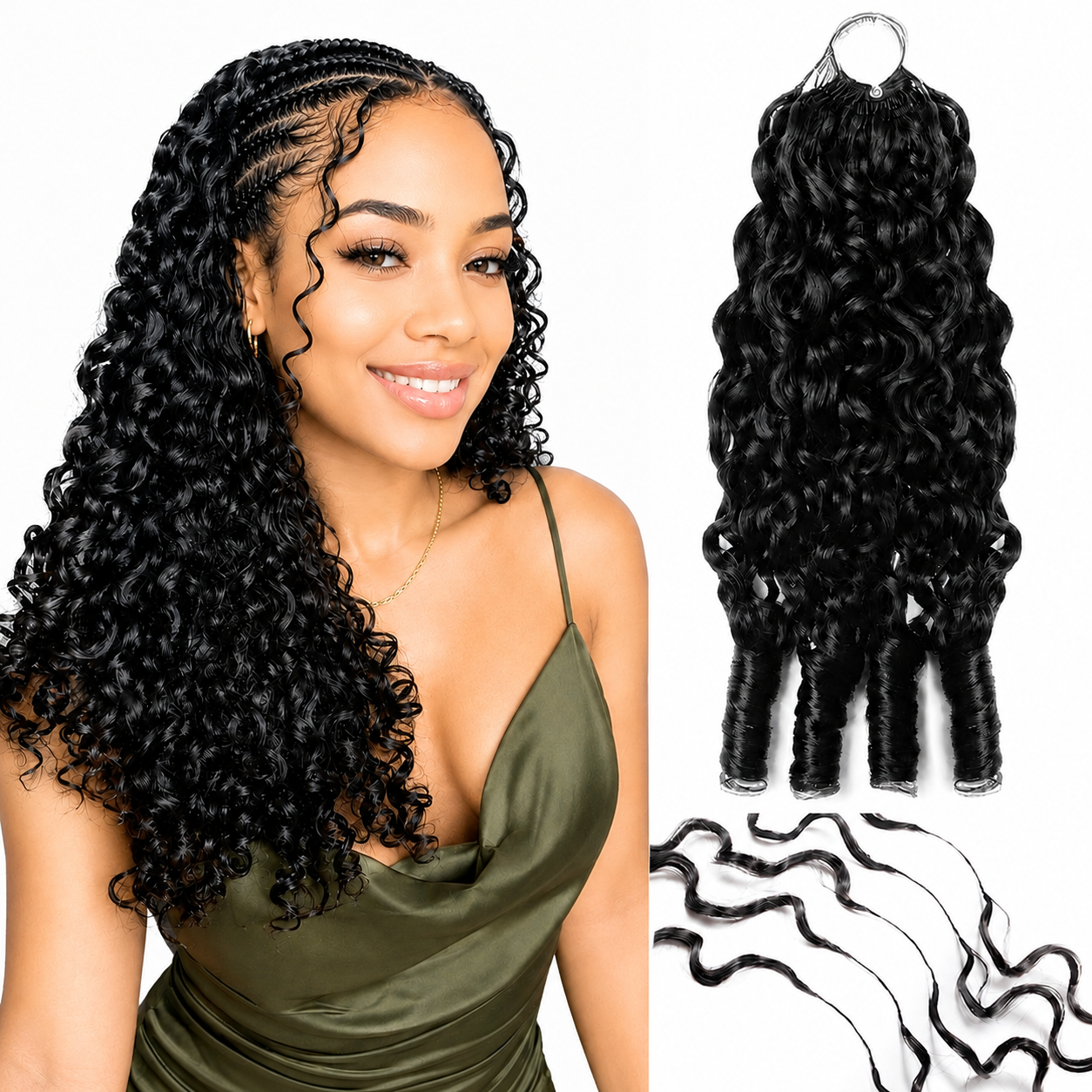 Mèches pour crochet braid Curly, en cheveux naturels birmans, texture bouclée ultra-douce et légère.