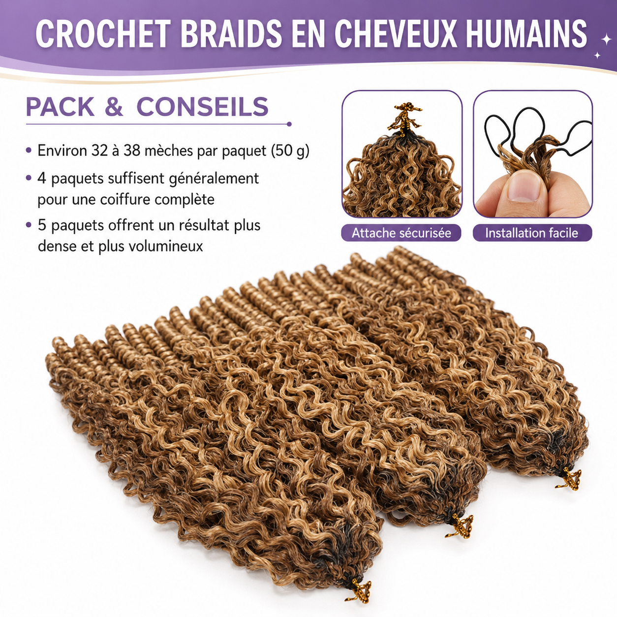 Mèches Crochet Braids Burmese Curly en Cheveux Humains – Coloration Méchée – Image 4