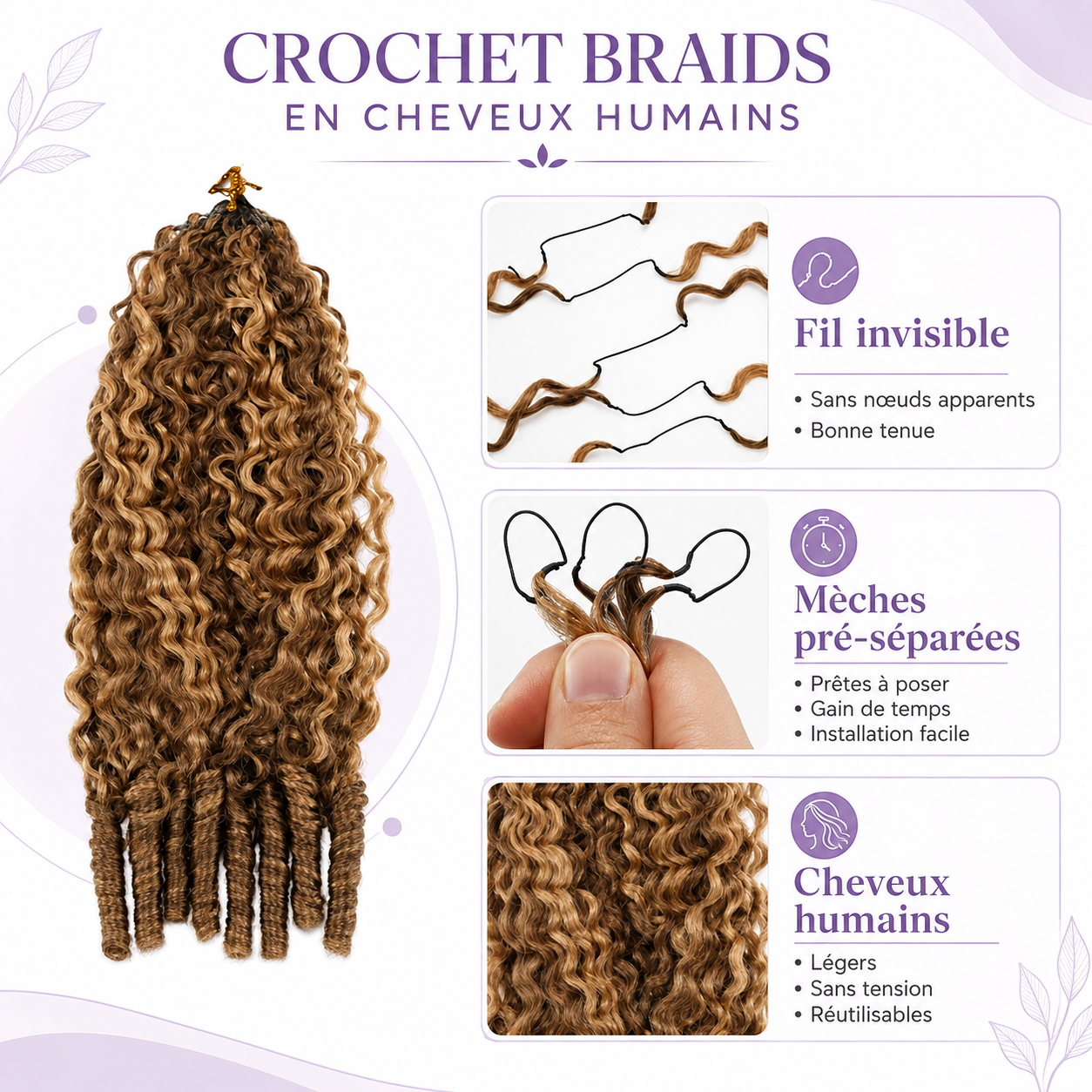 Mèches Crochet Braids Burmese Curly en Cheveux Humains – Coloration Méchée – Image 3