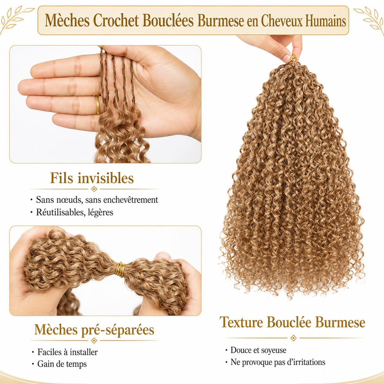 Crochet Braids Kinky Curly en Cheveux Humains – Blond Miel – Image 4