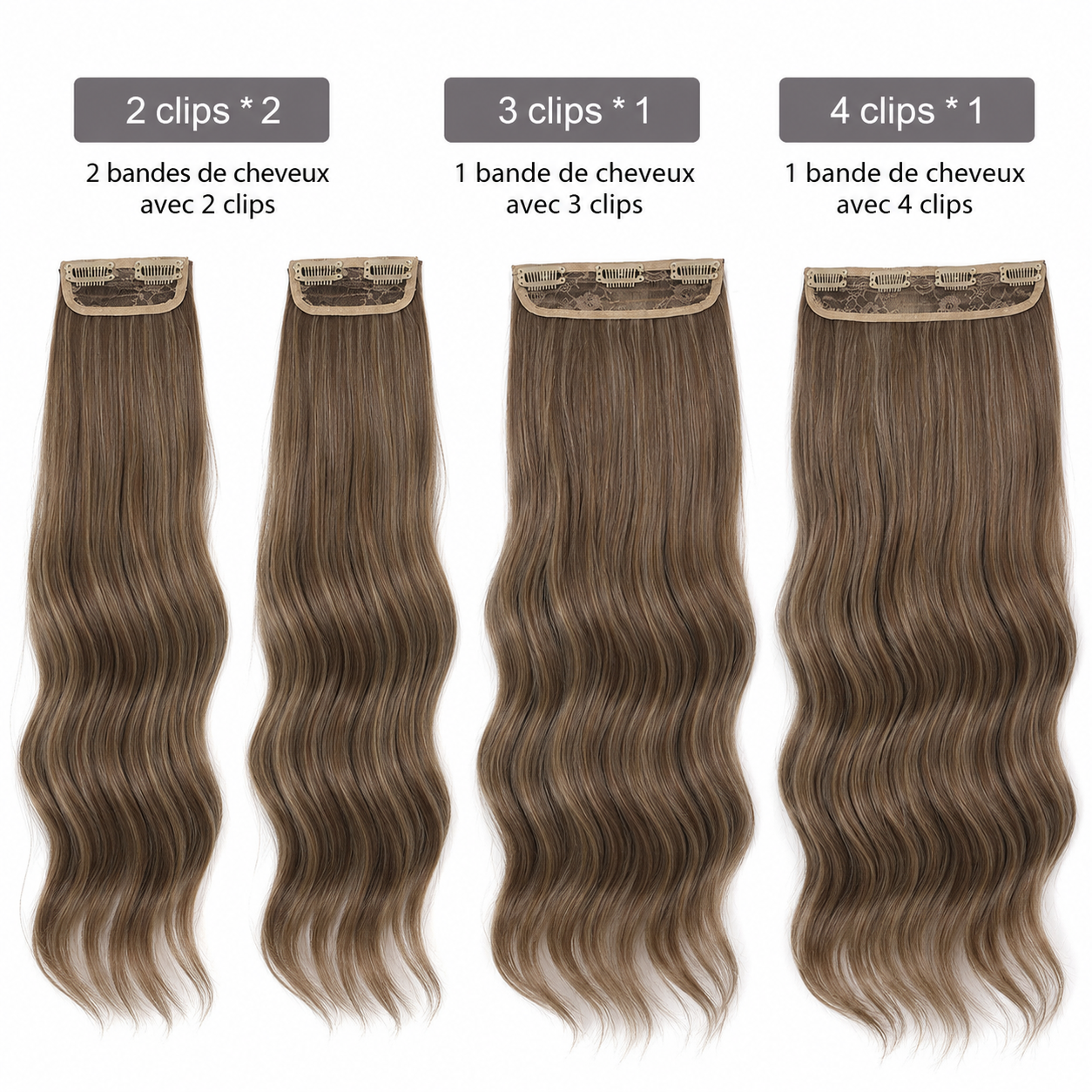 Extensions de cheveux à clips ondulées en fibre protéinée – 61 cm – 220 g – 4 pièces – Image 3