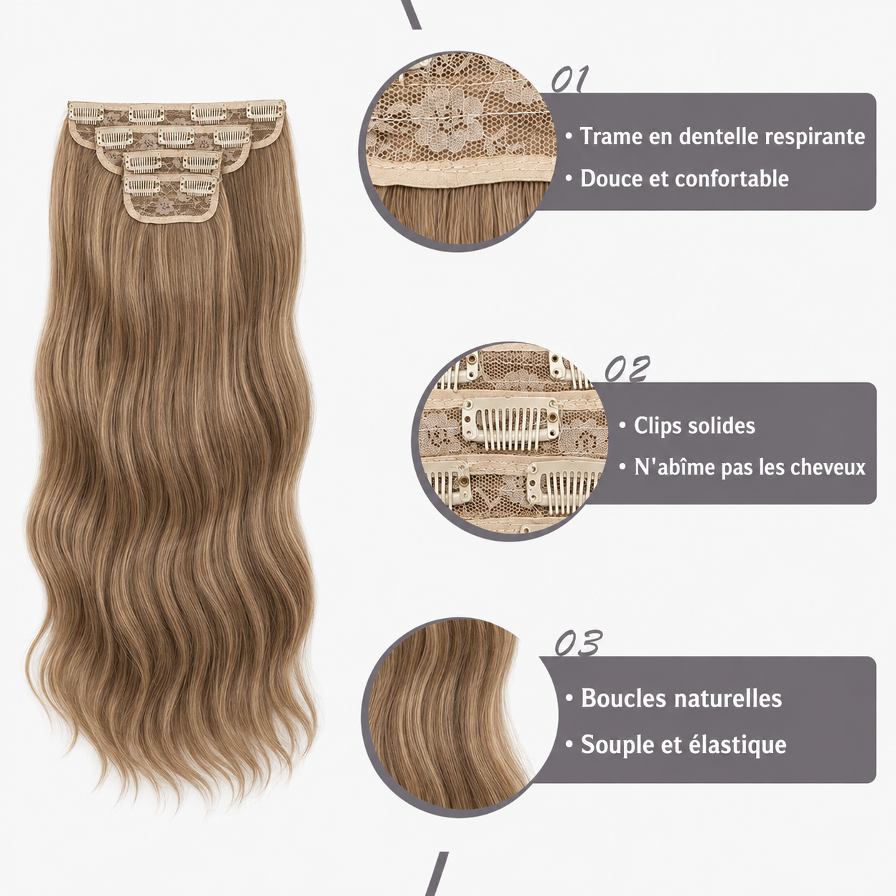 Extensions de cheveux à clips ondulées en fibre protéinée – 61 cm – 220 g – 4 pièces – Image 4
