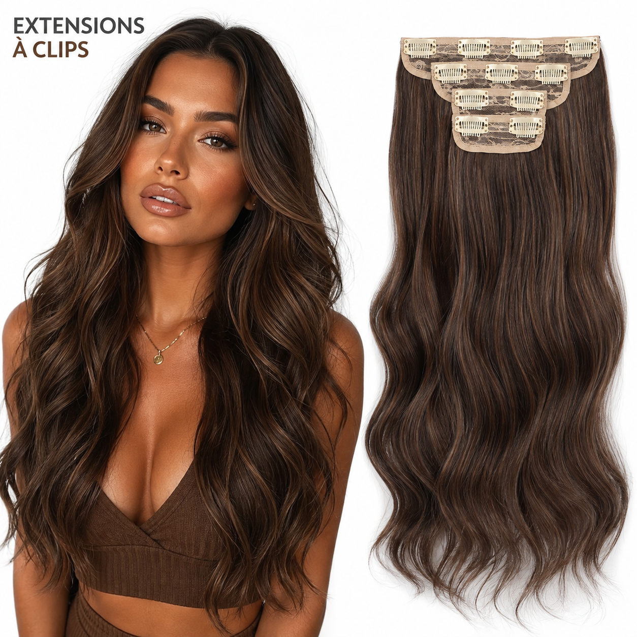 Extensions de cheveux à clips ondulées en fibre protéinée – 61 cm – 220 g – 4 pièces