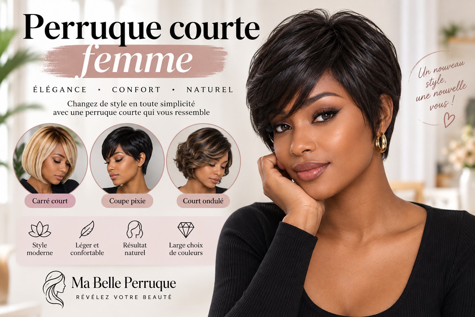 Perruque courte femme au rendu naturel